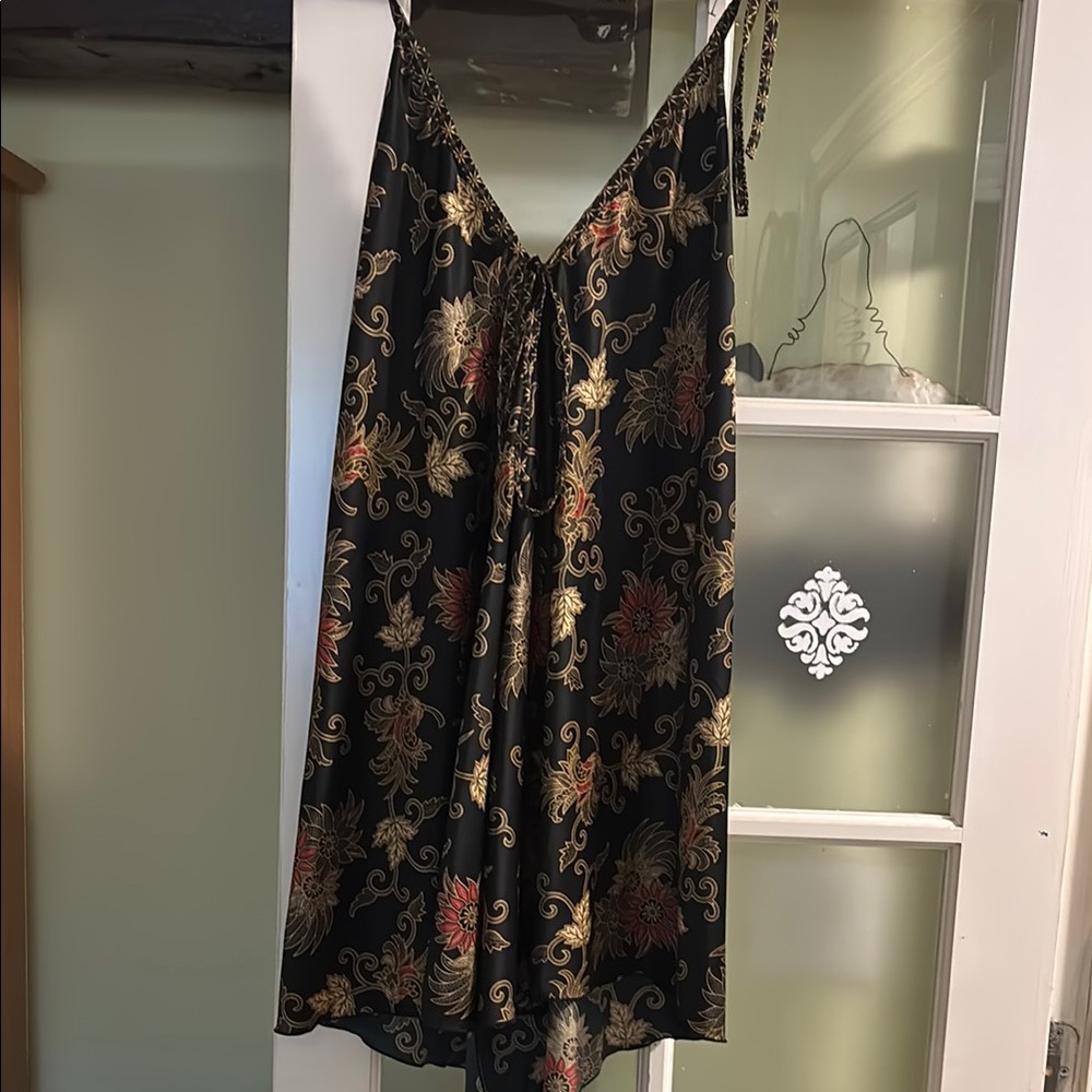 Chic Black Dress with Gold and Red Floral Design